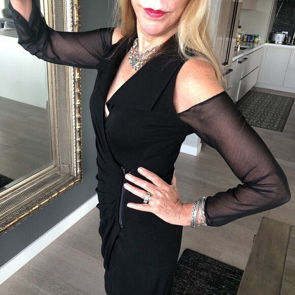 CACHE LBD Cold shoulder collar wrap Midi Dress zipper & gathers Stretch body S - Picture 5 of 15